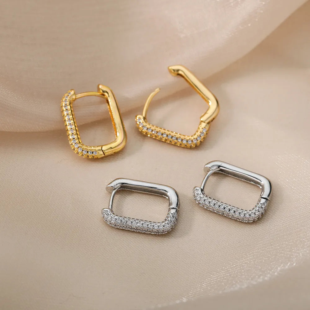 Hoop Earrings with Zirconia - Square Circle Design